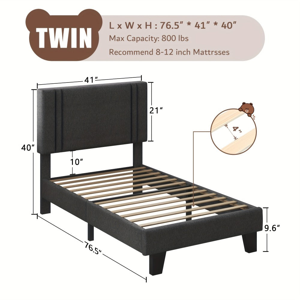 Platform Bed Frame with 21 Inch Soft Padded Headboard Striped or Button Tufted Solid Wood Slats Art Legs Twin Full Queen Black Linen Dark Grey White Velvet