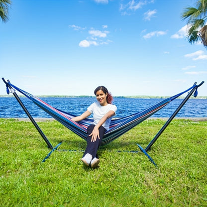 Adjustable Hammock Stand 440 LB Capacity – Heavy-Duty Portable Steel Frame with 6-Level Height Adjustment & Anti-Slip Feet for Camping, Garden, Patio, Backyard & Beach (Hammock Not Included)