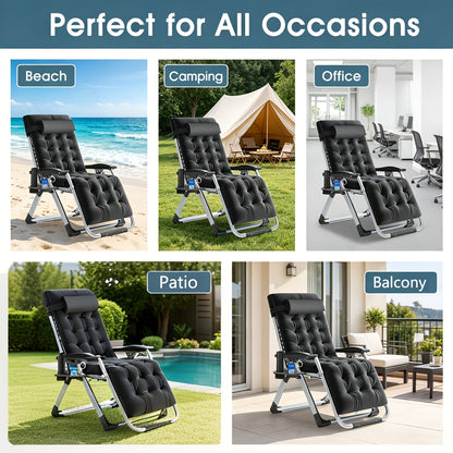 Portable Folding Chaise Lounge Chair, Outdoor Lawn Recliner with Removable Cushion, Headrest & Cup Holder, Heavy Duty Patio Reclining Chair Supports 440 Lbs