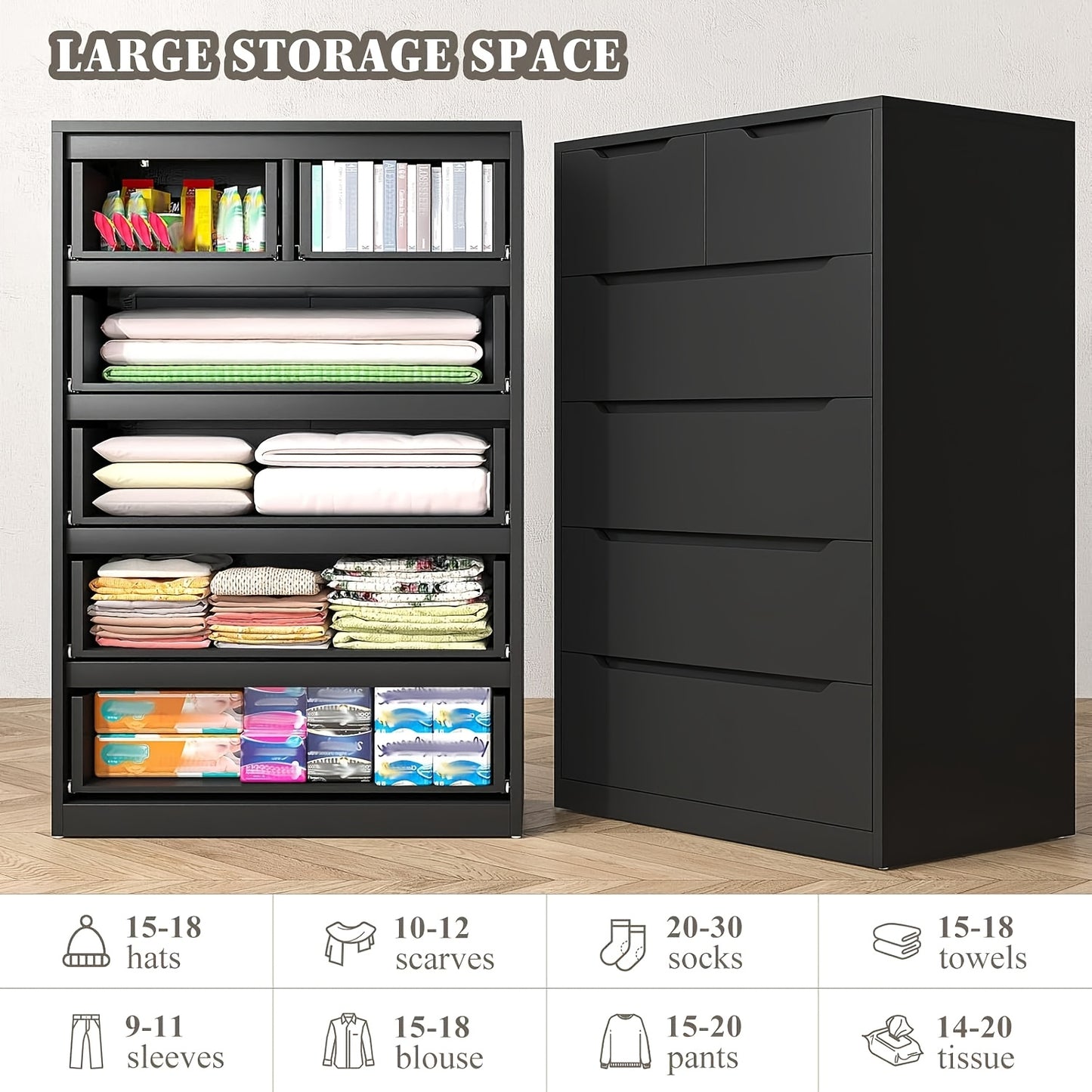 6-Drawer Dresser for Bedroom, Modern Chest of Drawers, Black Dresser with Large Organizer, Deep Drawer And Smooth Metal Rail, Black