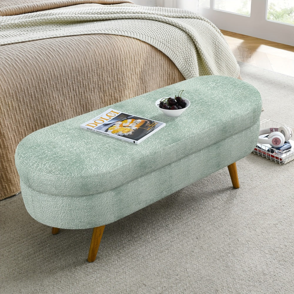 Oval Storage Bench with Linen Upholstery and Solid Wood Legs - Perfect for Hallway, Bedroom, or Living Room Organization