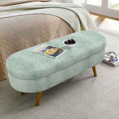 Oval Storage Bench with Linen Upholstery and Solid Wood Legs - Perfect for Hallway, Bedroom, or Living Room Organization