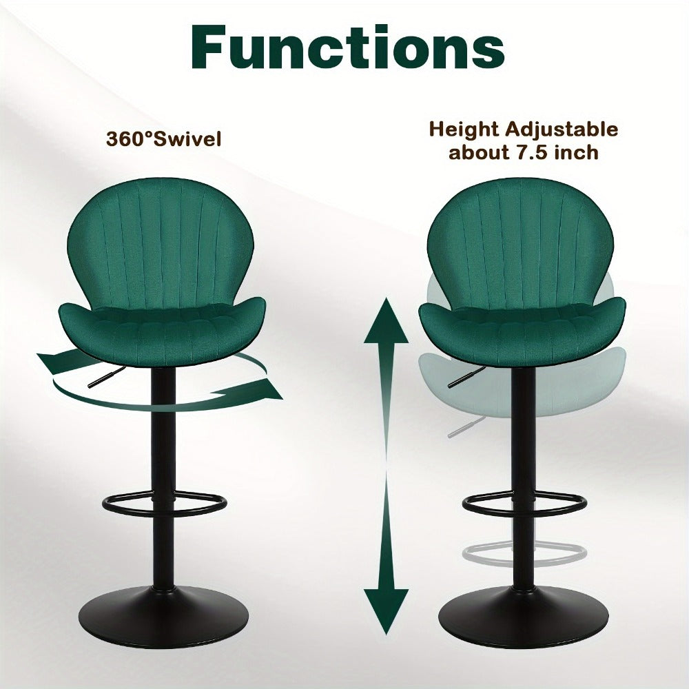 Velvet Bar Stools Set of 2 or 3 with Back & Footrest, Height Adjustable Swivel Counter Stools Shell Shape Kitchen Island Chairs 300 LBS, Green Blue Black Gray