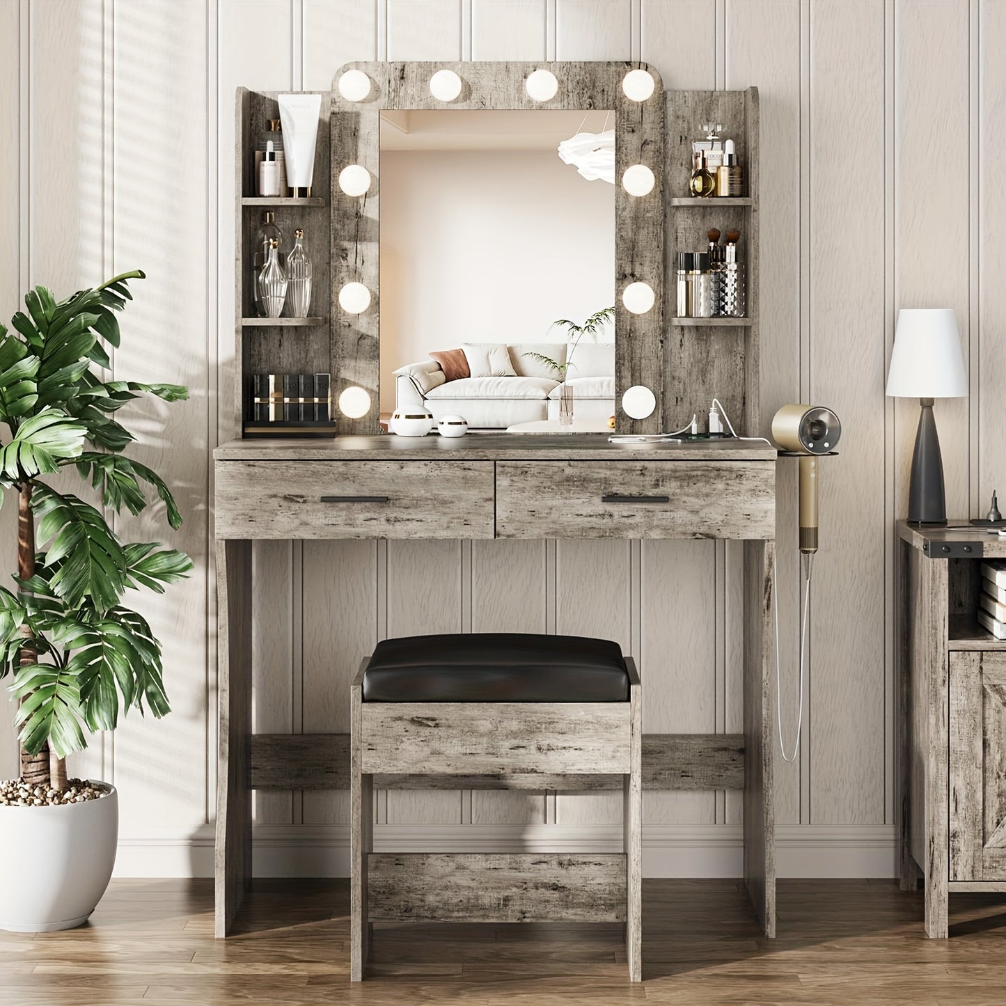 [LED Vanity Desk] Vanity Desk With LED Lighted Mirror & 10+ Strip, 6-Drawer Makeup Dressing Table With Stool Suitable For Bedroom,, Plug-And-Play Assembly, Modern For Room, Dorm, Beauty Salon