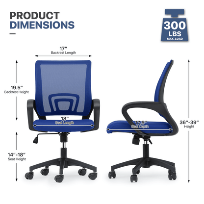 Mesh Office Home Chair, Mid Back Ergonomic Rolling Swivel Chair with Padded Seat and Armrest