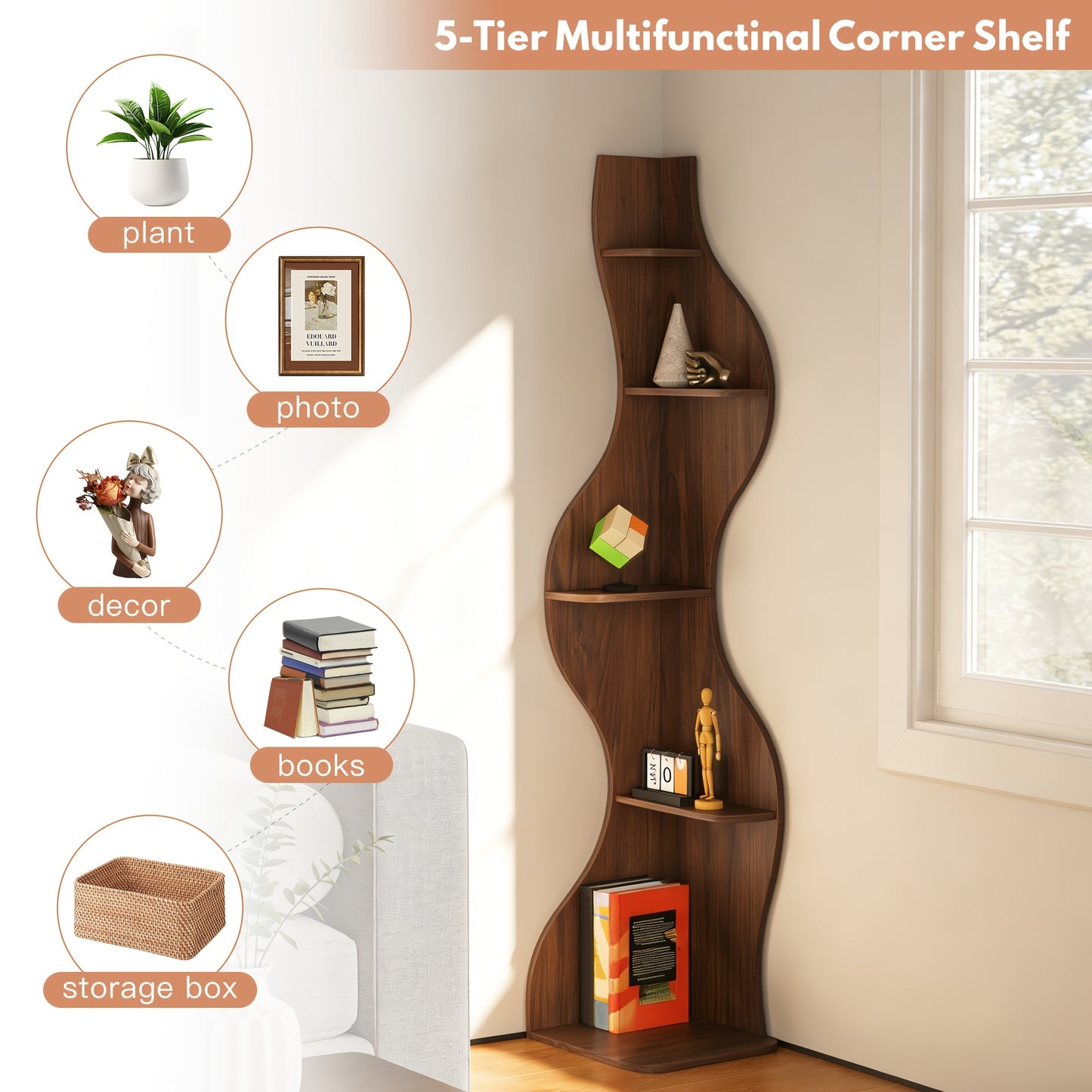 Corner Bookshelf, 5 Tier Modern Bookshelf Black Bookcase Small Storage Rack Wall Stylish