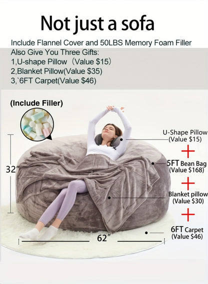 6-Foot Round Bean Bag Chair with Washable Cover, Floor Lounge Chair for Living Room detail image - detail view 10