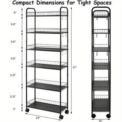 6-Tier Narrow Storage Cart with Rolling Wheels for Organized Everyday Storage in Kitchen detail image - detail view 5