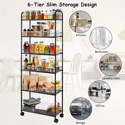 6-Tier Narrow Storage Cart with Rolling Wheels for Organized Everyday Storage in Kitchen detail image - detail view 7