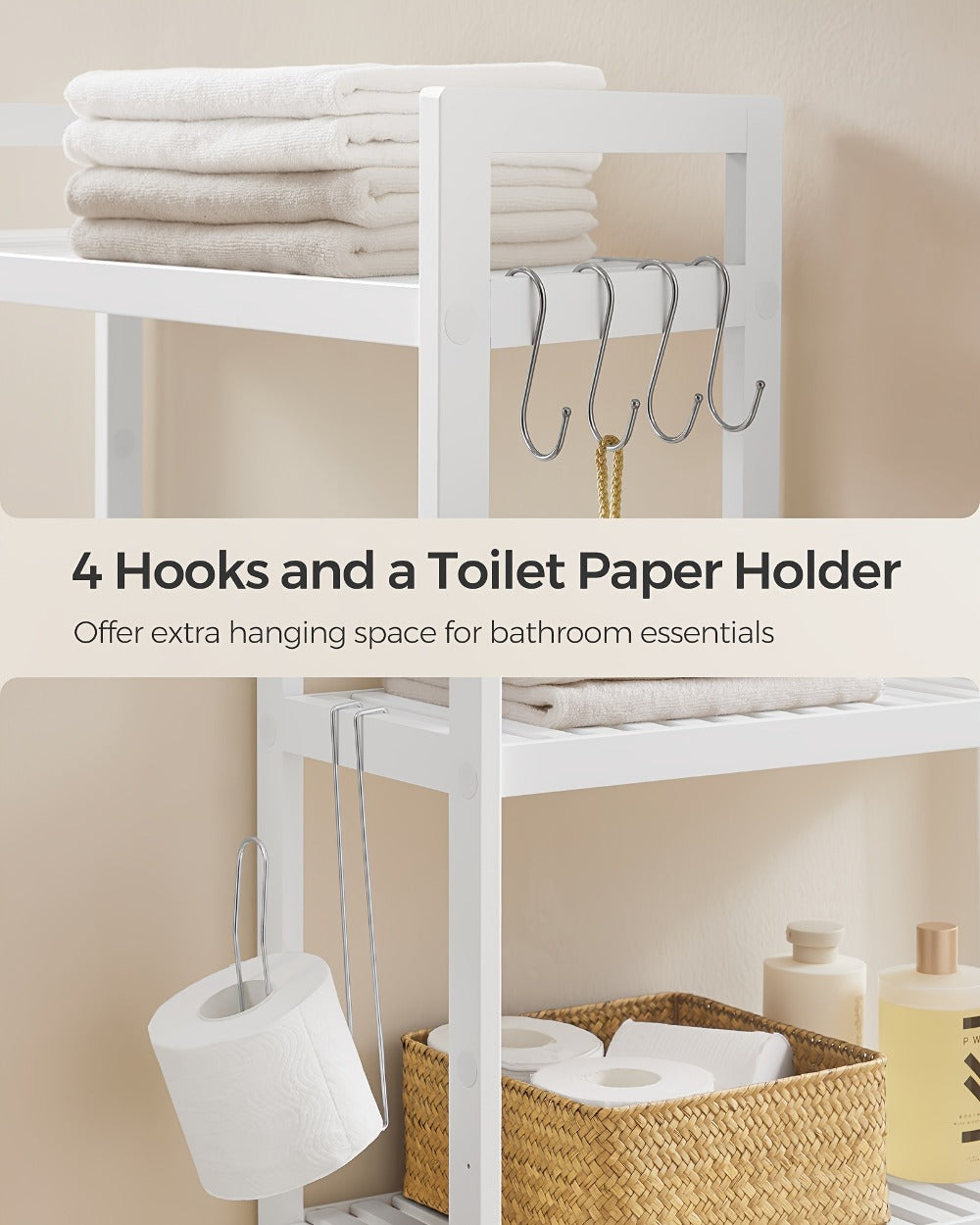 Three-Level Shelf Unit for Above The Toilet - Bathroom Organizer That Resists Rust with Adjustable Shelves | Space-Efficient Storage for Towels, Toilet Paper, And Tissues, Vertical Display for Toiletries & Convenient Access