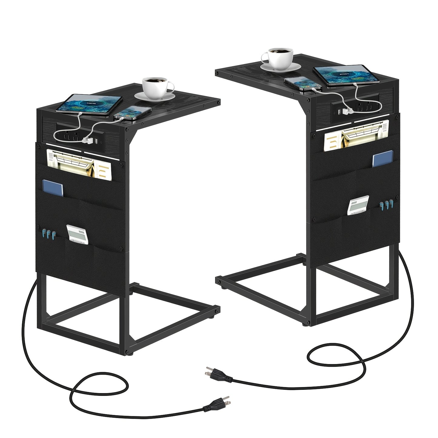 1pc/2pcs C Shaped End Table, 50LBS Capacity, Desktop Storage, Removable Table, Coffee Table Slides Under Sofa, Snack Table, Ideal for Home, Living Room, Sofa, Bedroom, Multifunctional Table, with or Without Charging Station & Storage Bag Options