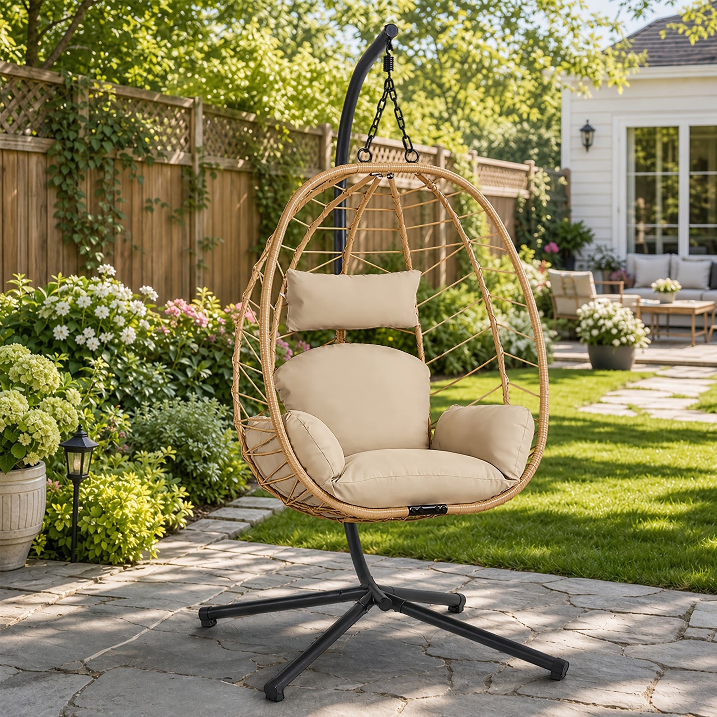 [Egg Swing Chair] Hanging Egg Chair With Stand, Rattan Wicker Egg Chair With Cushion Headrest, Outdoor Indoor Egg Swing Chair With Dual Chains, 350LBS Capacity For Patio, Porch, Balcony, Bedroom (Light Grey)