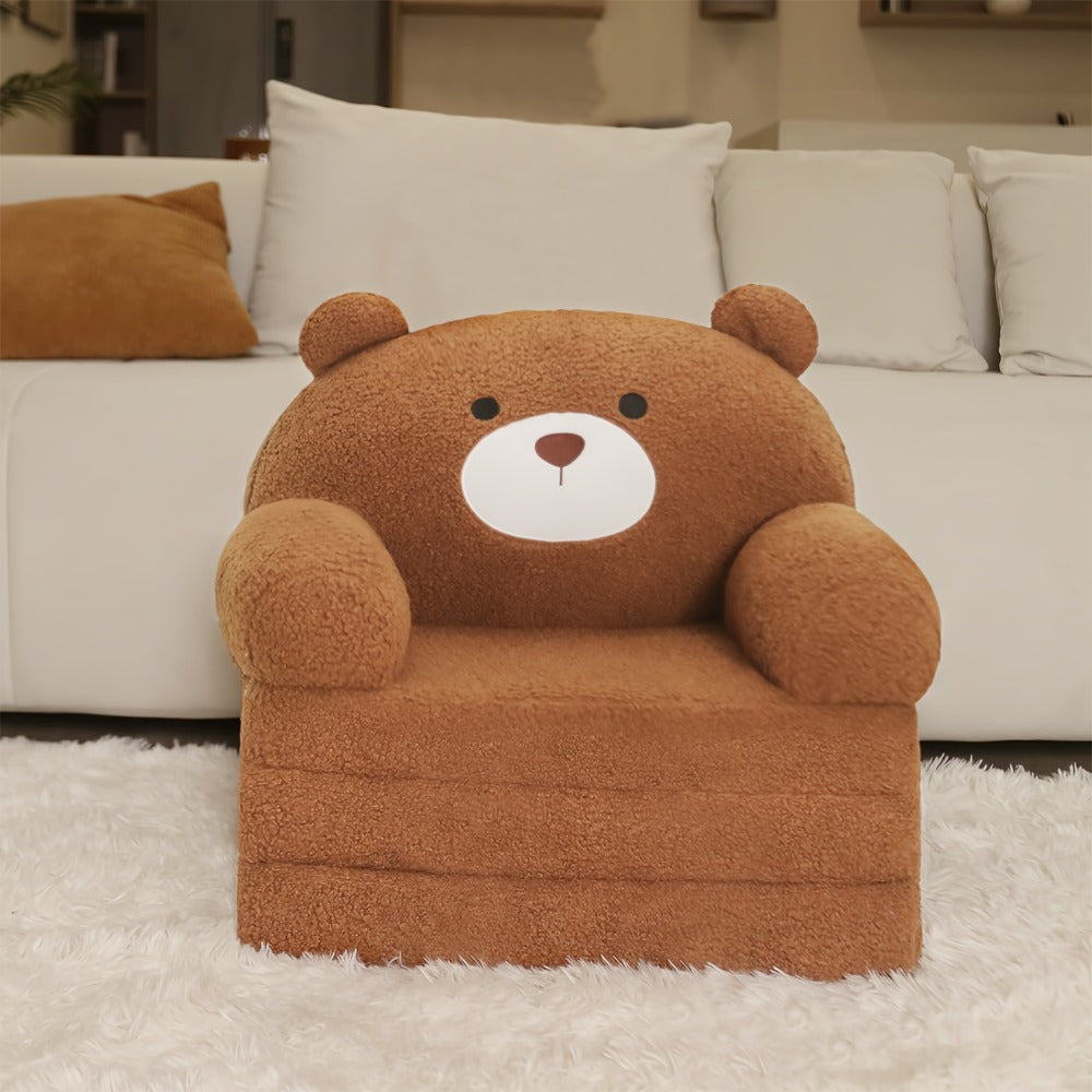 Cute Teddy Bear Kids Foldable Sofa 2-In-1 Fold Out Couch Soft Polar Fleece Chair High-Density Foam PP Cotton Lounger for Playroom Boys Girls Room Decor