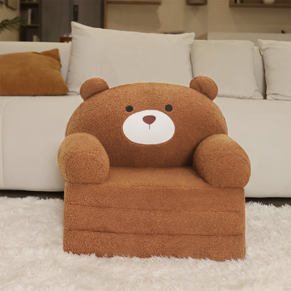 Cute Teddy Bear Kids Foldable Sofa 2-In-1 Fold Out Couch Soft Polar Fleece Chair High-Density Foam PP Cotton Lounger for Playroom Boys Girls Room Decor
