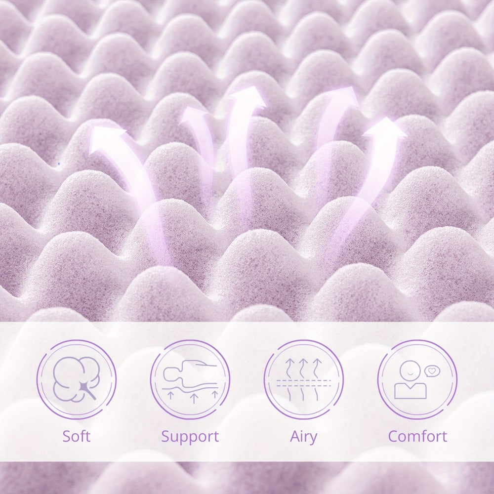 Egg Crate Mattress Topper Lavender Infused Memory Foam 2 3 4 Inch, Cooling Ventilated Soft Bed Topper for Pressure Relief & Support, Twin Full Queen King, Mattress Topper in a Box