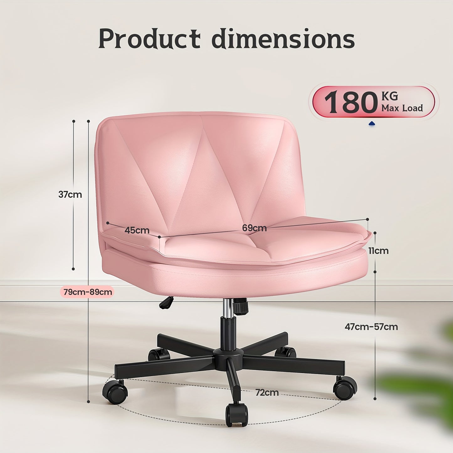 27" W Criss Cross Chair With Wheels, Cross Legged Office Chair, Comfy Vanity Chairs With Wheels And Back, Swivel Armless Office Chairs, 2-Layer Cushion, Height Adjustable, Home Office