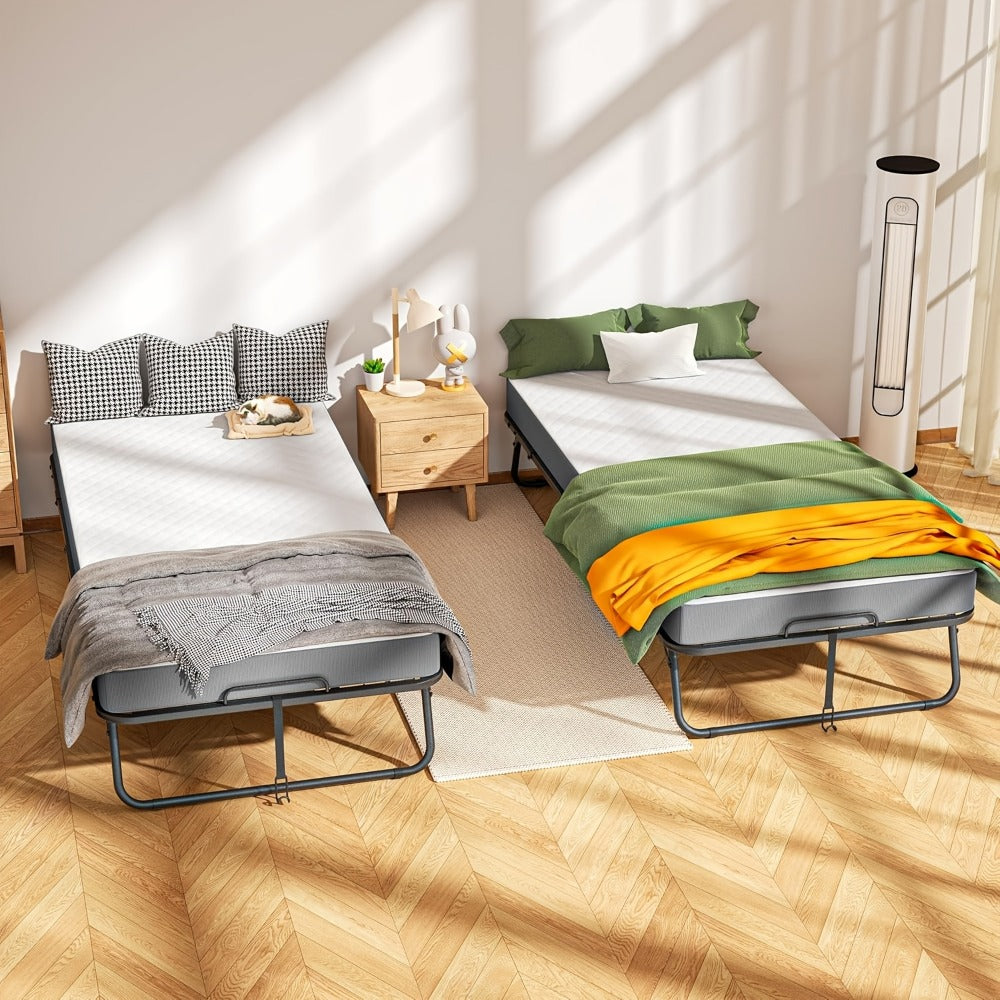 Folding Bed Portable Roll Away Guest Bed 75x31 Inch 4-Section Fold Flat with Sturdy Metal Frame, Wheels & Grey Fabric Cover - Adult Sleeping Bed for Guest Room, Camping, Dorm, Small Apartment