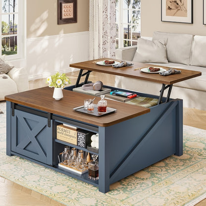 Square Lift Top Coffee Table with Hidden Storage – Farmhouse Design, Gas Strut Lift, Adjustable Shelves, 4 Open Compartments, Black/White/Grey/Blue