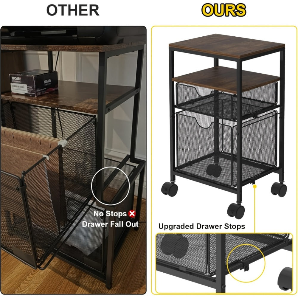 Rolling File Cart with Drawer for Hanging File Folders – Under Desk Office Cart with Paper Trays, Wood & Mesh 3-in-1 File Organizer, 14.8"L x 11.8"D x 27.7"H