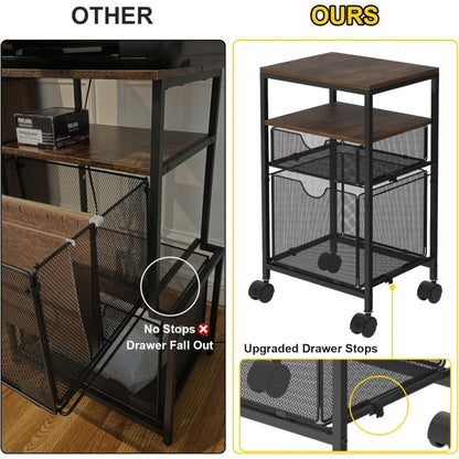 Rolling File Cart with Drawer for Hanging File Folders – Under Desk Office Cart with Paper Trays, Wood & Mesh 3-in-1 File Organizer, 14.8"L x 11.8"D x 27.7"H