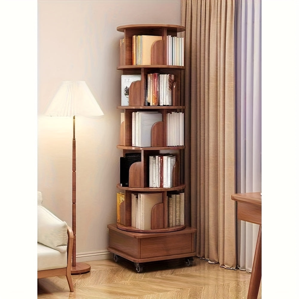 (UPGRADED) Rotating Bookshelf, 360 Display Corner Bookshelf for Small Space, 6 Tier Bookcase Storage Rack with Wheels, Wood Narrow Organizer for Bedroom, Living Room, Study Room, Walnut Brown, Shelves