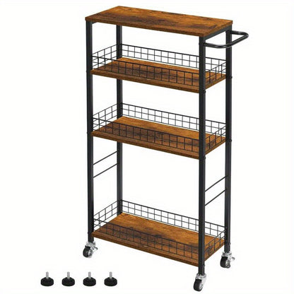 Slim Storage Cart 4 Tier Narrow Kitchen Rolling Cart With Wooden Tabletop Mobile Utility Stand On Wheels For Bathroom Laundry Narrow Places Rustic Brown 16.5''L X 7.3''W X 34.6''H