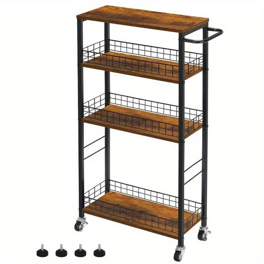Slim Storage Cart 4 Tier Narrow Kitchen Rolling Cart With Wooden Tabletop Mobile Utility Stand On Wheels For Bathroom Laundry Narrow Places Rustic Brown 16.5''L X 7.3''W X 34.6''H