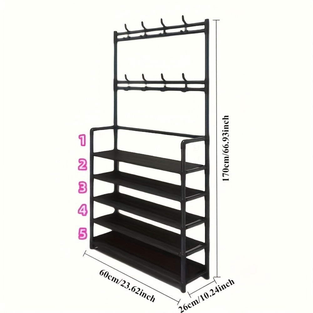 Entryway Shoe Rack with Coat Hooks Multifunctional 3 4 5 Tier Shoe Hat Organizer - Choose 5-Tier + 8 Hooks, 3-Tier Hat Rack, or 4-Tier + 10 Shoe Bags | Freestanding Black Rack for Home Dorm Hallway