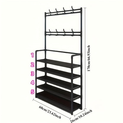 Entryway Shoe Rack with Coat Hooks Multifunctional 3 4 5 Tier Shoe Hat Organizer - Choose 5-Tier + 8 Hooks, 3-Tier Hat Rack, or 4-Tier + 10 Shoe Bags | Freestanding Black Rack for Home Dorm Hallway