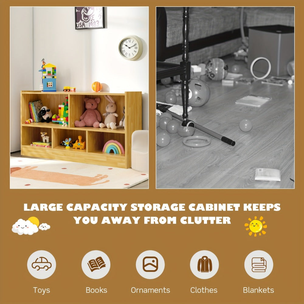 Beige Wooden Storage Cabinet with 2 Shelves And 5 Cubes., Storage Box