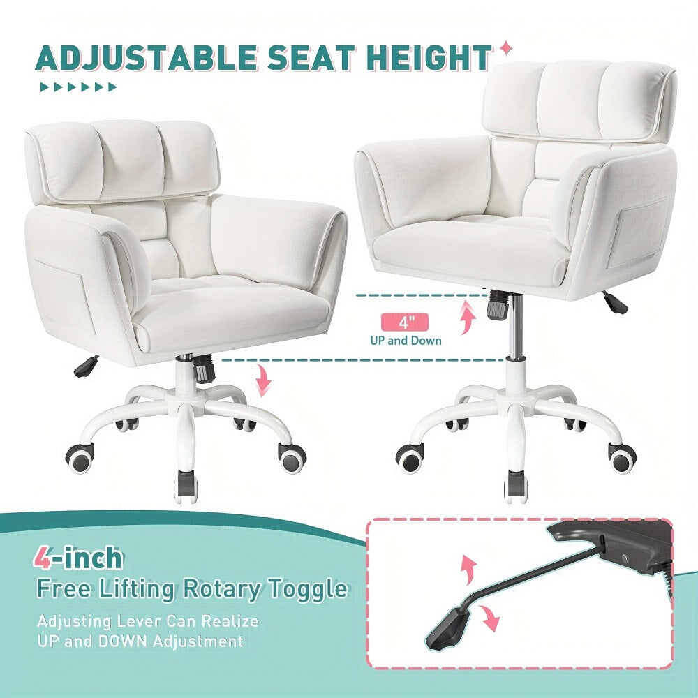 Vanity Chair for Bedroom with Mid-Back, Side Pockets & Wheels – Soft Upholstered Adjustable Height Swivel Desk Chair, Skin-Friendly Fluffy Fabric, White, Cream, Grey, Pink, Black