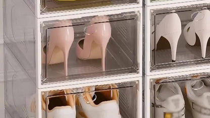 Stackable Shoe Organizer Boxes Clear Plastic with Lid 12/24 Pack, Interlocking Collapsible Shoe Containers for Closet Sneaker Storage, Drop Front Shoe Box in Black White Gray