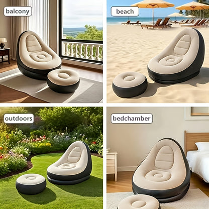 Adult Inflatable Deck Chairs Recliner with Foot Stool Inflatable Patio Lounge Sofa with Foot Pump Heavy-Duty Portable Folding Air Couch Ultra Lounge Space-Saving Indoor/Outdoor Lounge Chair for Living Room Camping Travel Balcony-Easy Setup & Storage
