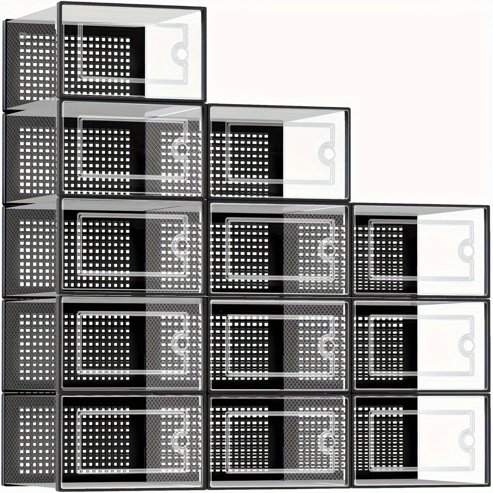 Shoe Organizer, 12/ 24Pack Clear Plastic Stackable Shoe Organizer For Closet, Interlocking Design Shoe Container For Sneakers, Collapsible Shoe Rack With Lid(Black, White, Gray)