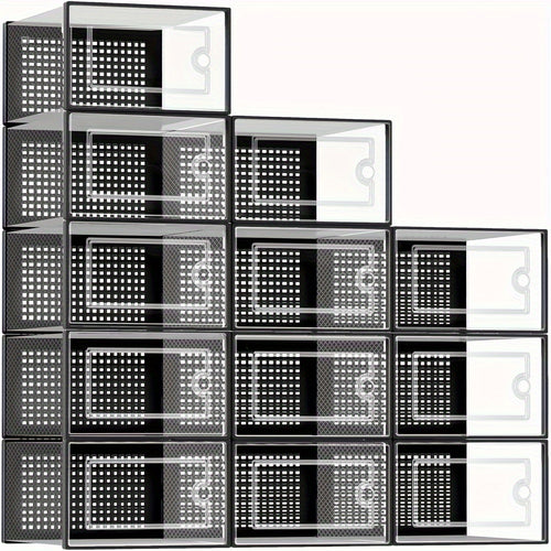 Shoe Organizer, 12/ 24Pack Clear Plastic Stackable Shoe Organizer For Closet, Interlocking Design Shoe Container For Sneakers, Collapsible Shoe Rack With Lid(Black, White, Gray)