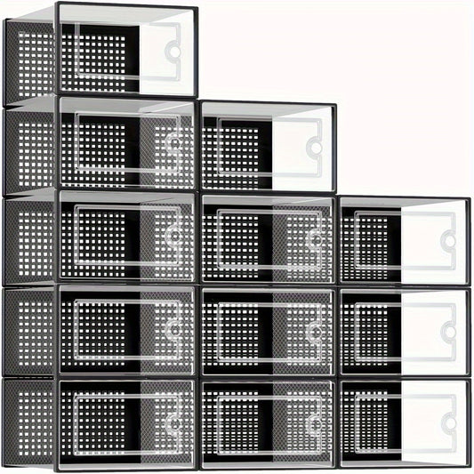 Shoe Organizer, 12/ 24Pack Clear Plastic Stackable Shoe Organizer For Closet, Interlocking Design Shoe Container For Sneakers, Collapsible Shoe Rack With Lid(Black, White, Gray)