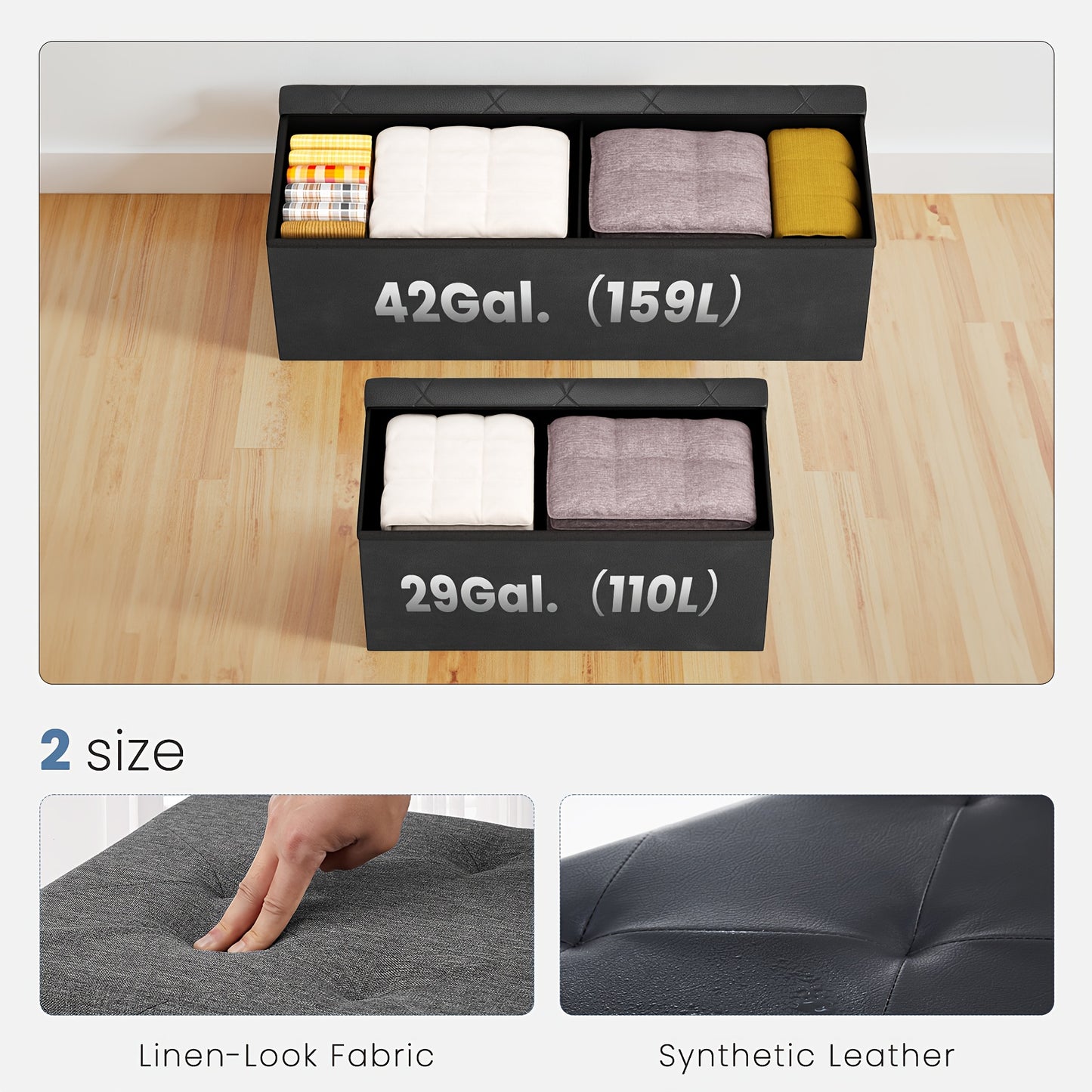 43 Inch Folding Storage Ottoman Bench - Upholstered Foot Rest Stool with 660 Lbs Weight Capacity, Extra-Strong Frame, Soft Synthetic Leather, for Living Room, Bedroom, Office & Dorm - Space-Saving, Multi-Functional Design