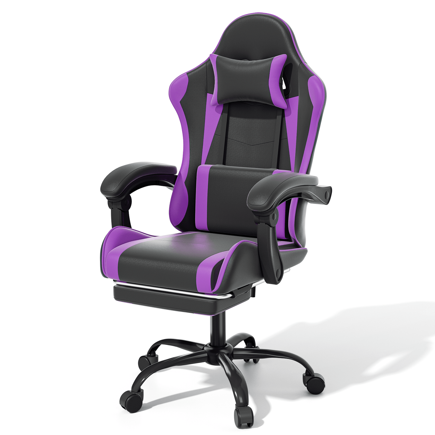 Ergonomic Gaming Chair with Retractable Footrest & Detachable Lumbar Support 360 Degree Swivel Racing Style PU Leather Computer Gaming Chair with Headrest for Home Bedroom Office