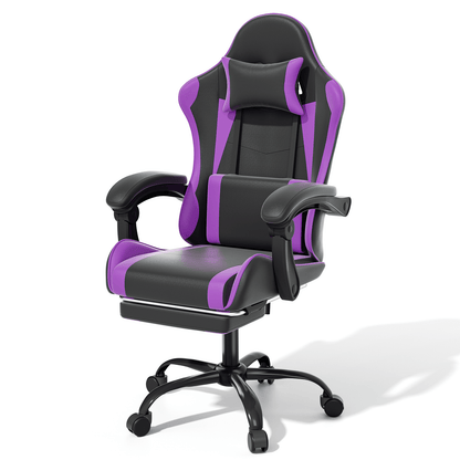 Ergonomic Gaming Chair with Retractable Footrest & Detachable Lumbar Support 360 Degree Swivel Racing Style PU Leather Computer Gaming Chair with Headrest for Home Bedroom Office