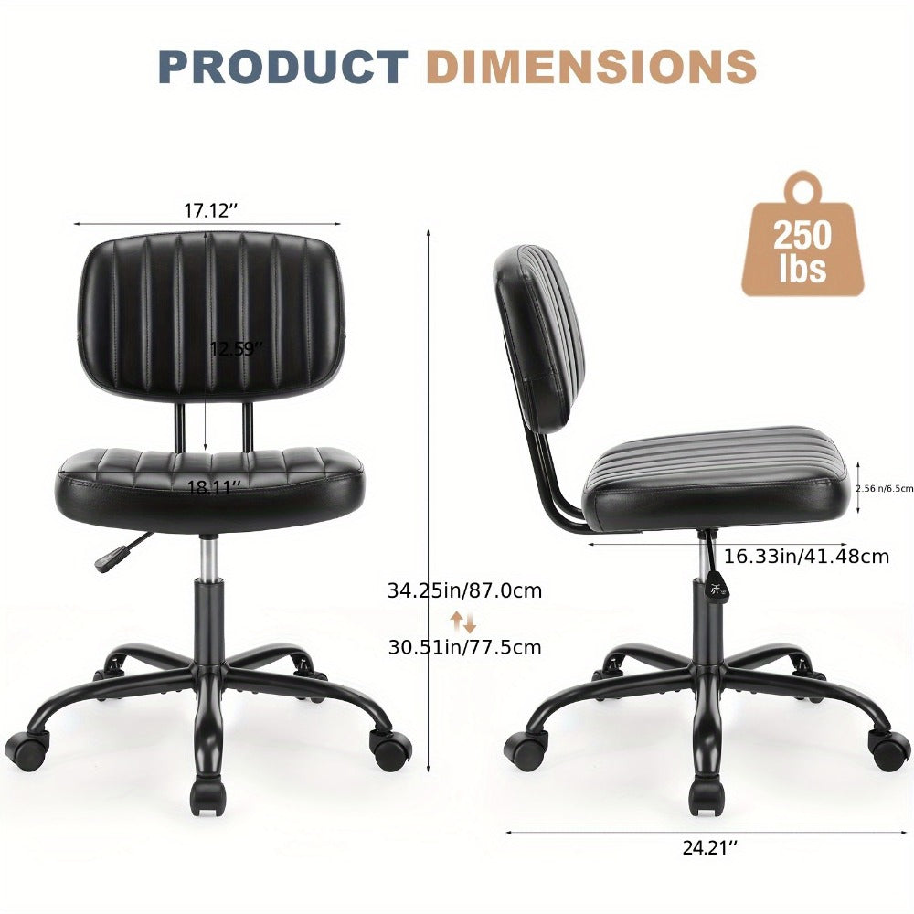 Armless Small Desk Chair with Memory Foam Seat – PU Leather Rolling Task Chair with Low Back Lumbar Support for Vanity, Bedroom, Living Room & Study, Brown, Beige, Black