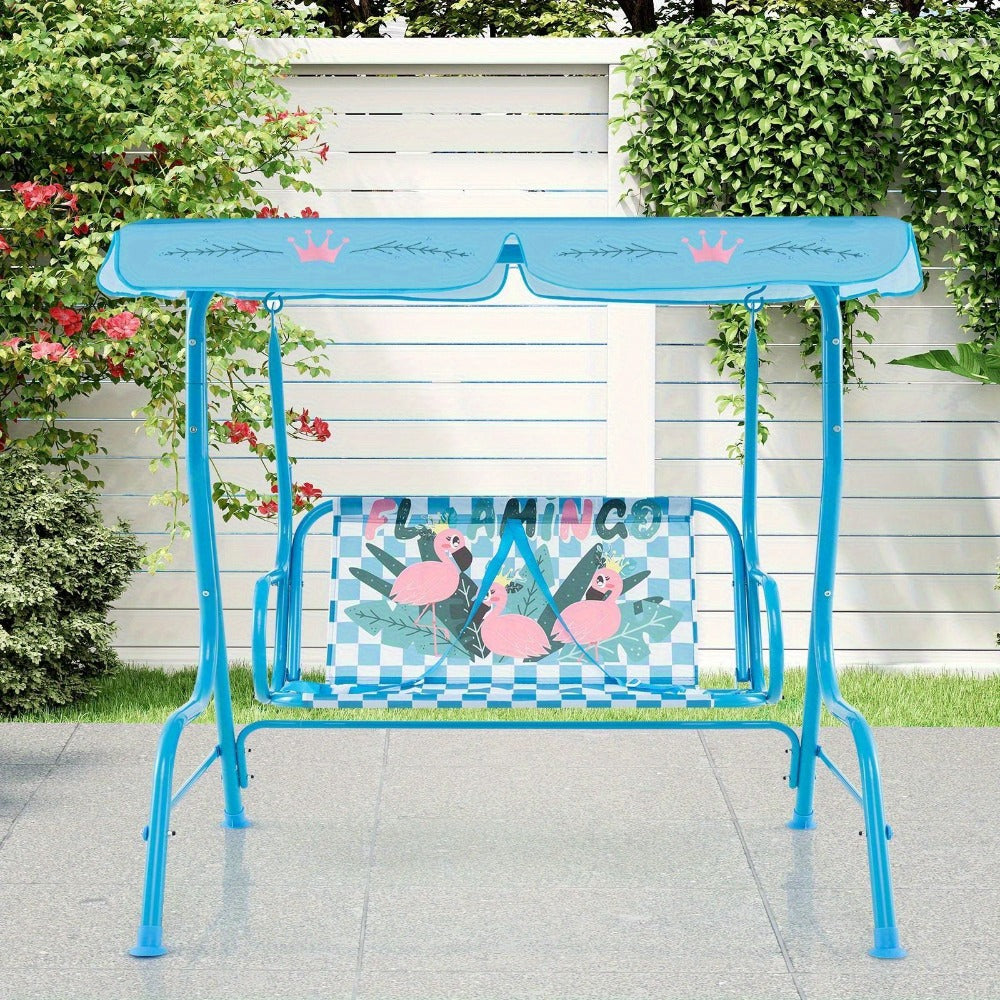 COSTWASY Kids Patio Swing, 2-Seater Swing Chair w/ Metal Stand & Adjustable Canopy, Outdoor Mini Swing w/ Safety Belts for Kids over 3, Porch Seating Solution, Adjustable Canopy Swing, Adjustable Canopy Design, Sturdy Metal Stand, Robust Swing Mechanism,