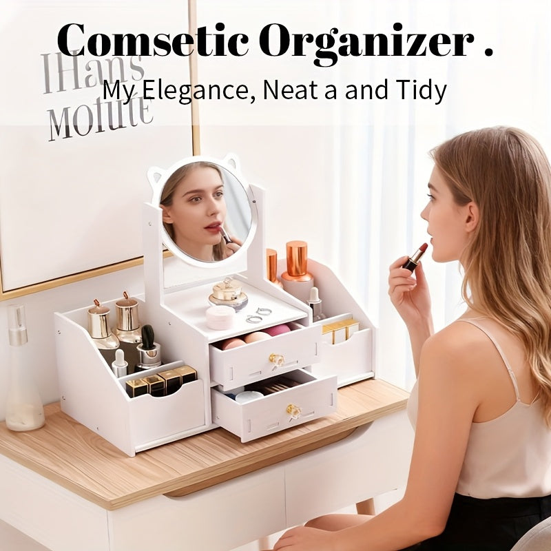 A Stylish White Dressing Table with a Rotating Makeup Mirror, Featuring Drawers And Shelves for Elegant Storage of Cosmetics, Perfect for The Bathroom, Living Room, Or Bedroom, Making It an Ideal Holiday Gift