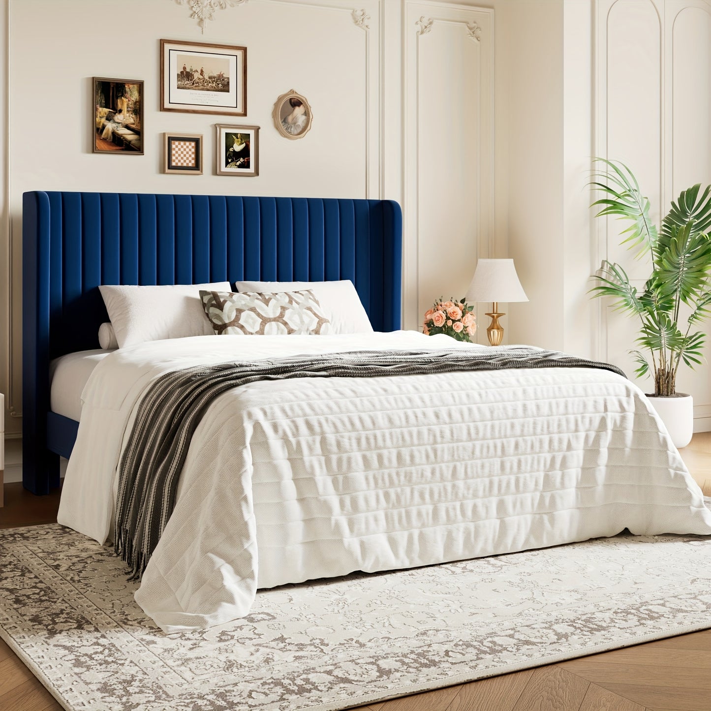 [Velvet Platform Bed Frame] WEEWAY Wingback Velvet Upholstered Platform Bed Frame, Vertical Channel Tufted Headboard, Wooden Slats Support, Heavy Duty Mattress Foundation, No Box Spring Needed, Easy Assembly, Avabliable Full/Queen/King Size, Free Shipping