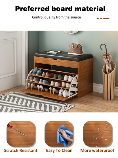 Shoe Bench with Flip-Drawer And Cushion, Freestanding Shoe Rack for Entryway