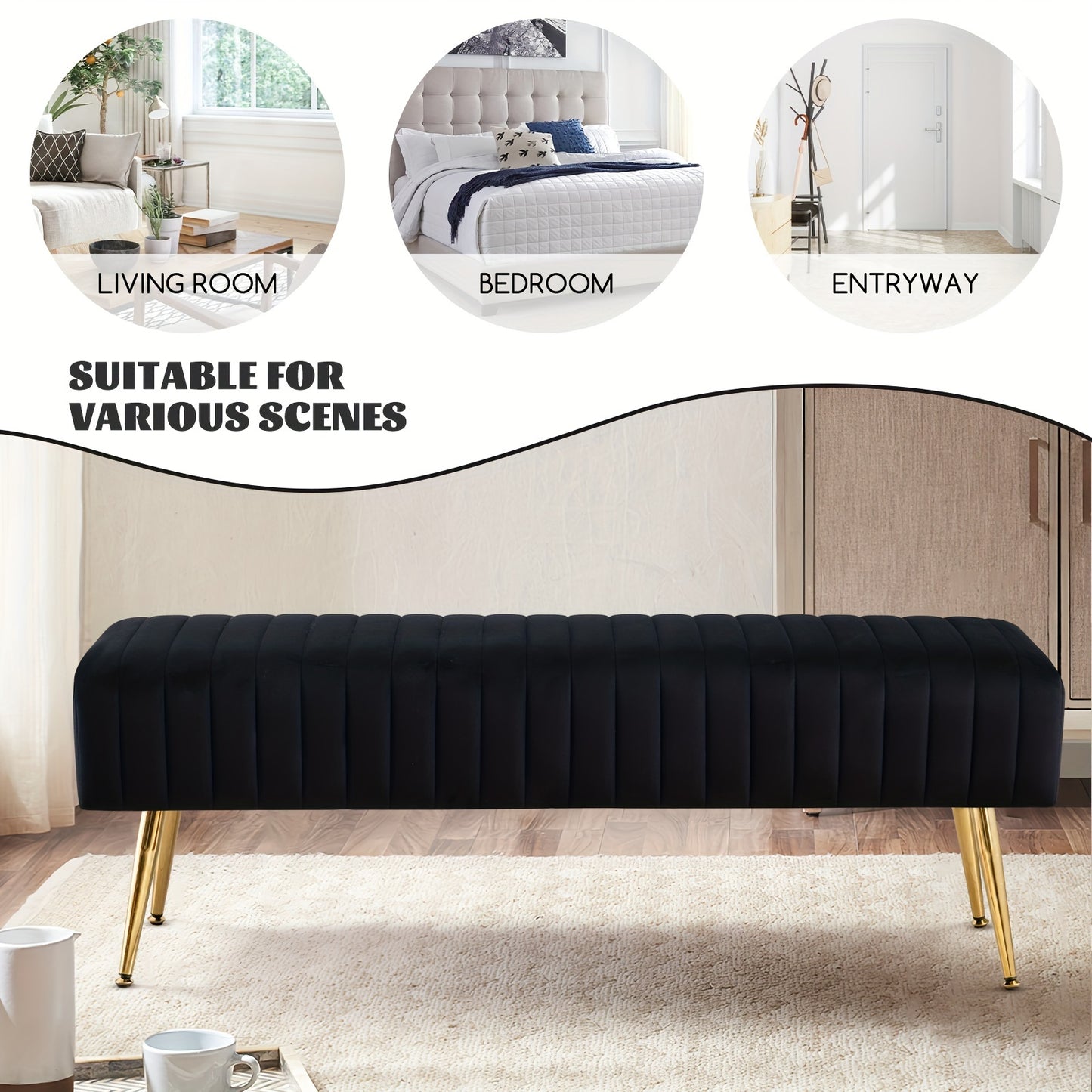 Luxury Shoe Changing Bench with Gold-Plated Legs & Velvet - 44-Inch Bedside Entryway Furniture, Sturdy Frame, Footrest, Step Stool for Bedroom End or Door - Elegant Storage Bench for Decor
