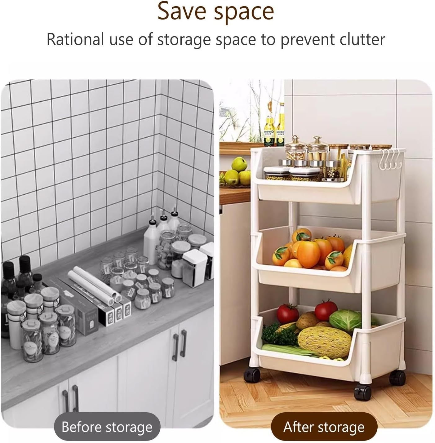 Rolling Cart Organizer, Kitchen Storage Shelf with Lockable Wheels, for Living Room Office Bathroom Garage Narrow Spaces