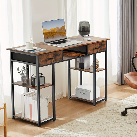 48-inch Vintage Metal Computer Desk with 2 Fabric Drawers & Storage Shelves, Keyboard Tray Included, Classic White/Black/Rust Brown, Freestanding Home Office Desk for Bedroom & Workspace Organization, Desk for Bedroom, Bedroom Workspace, Rustic Finish, St