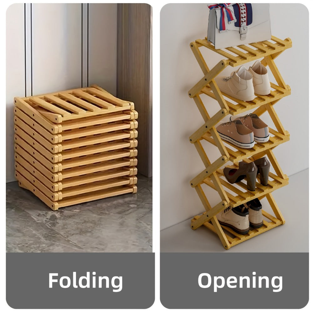 Bamboo Shoe Rack Foldable 2/6/7 Tier Entryway Organizer 20-Second Setup, Space-Saving Eco-Friendly Shoe Shelf for Hallway Closet Bedroom, Natural Charcoal No Tools Required