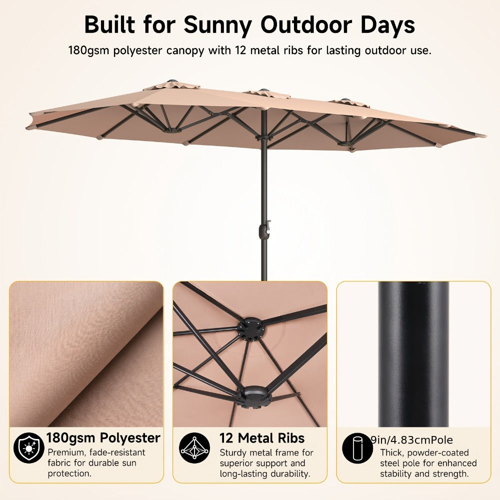 15ft Large Rectangle Patio Umbrella with Base Included – UPF50+ Double-Sided Canopy, Crank Handle, 12-Rib Wind Resistant Frame, Triple Vents, Safety Lock for Poolside, Garden & Yard, Beige & Blue