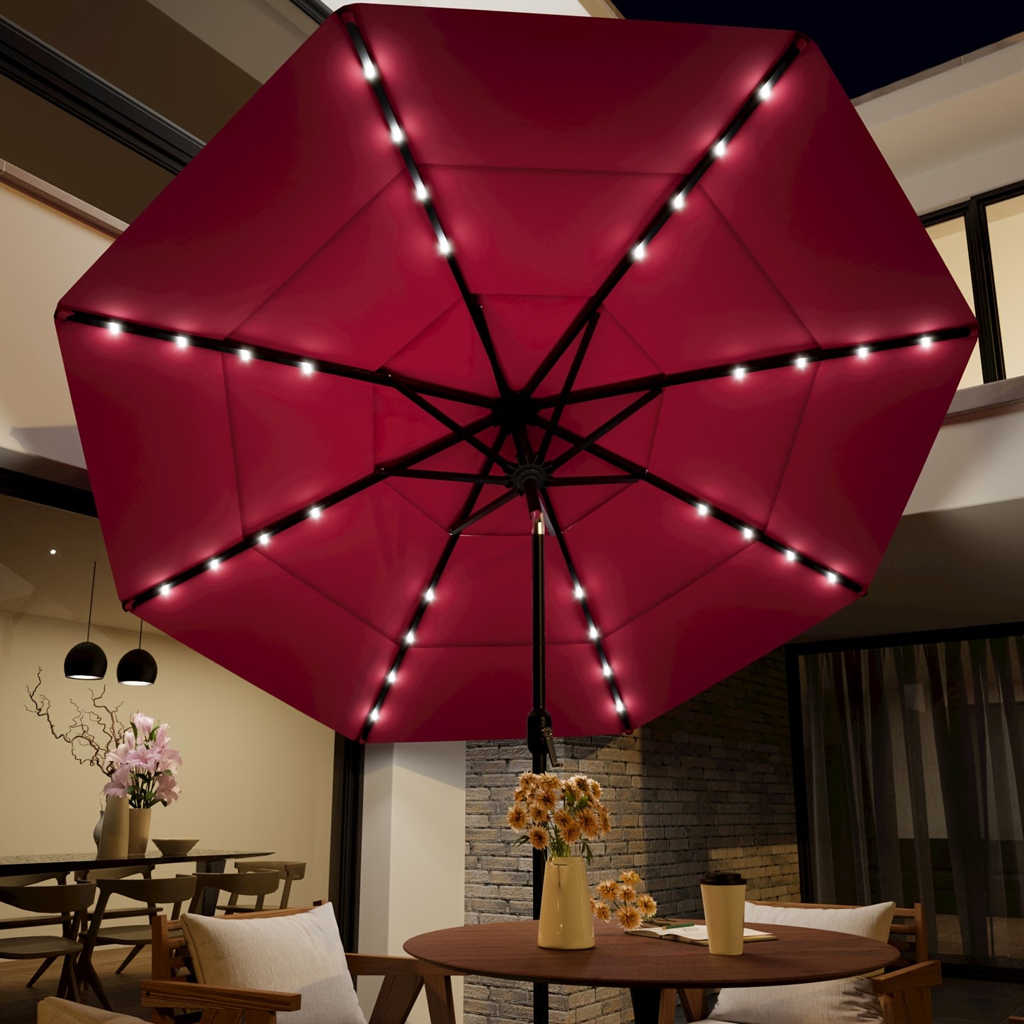 [3 Tier Outdoor Umbrella] 9ft/10ft/11ft 3 Tier Outdoor Umbrella, with 8 Strong Umbrella Ribs, Market Patio Table Umbrella with Push-button Tilt Function, Suitable for Patio, Garden, Pool, Hotel, Party, Potluck, Shade Umbrella